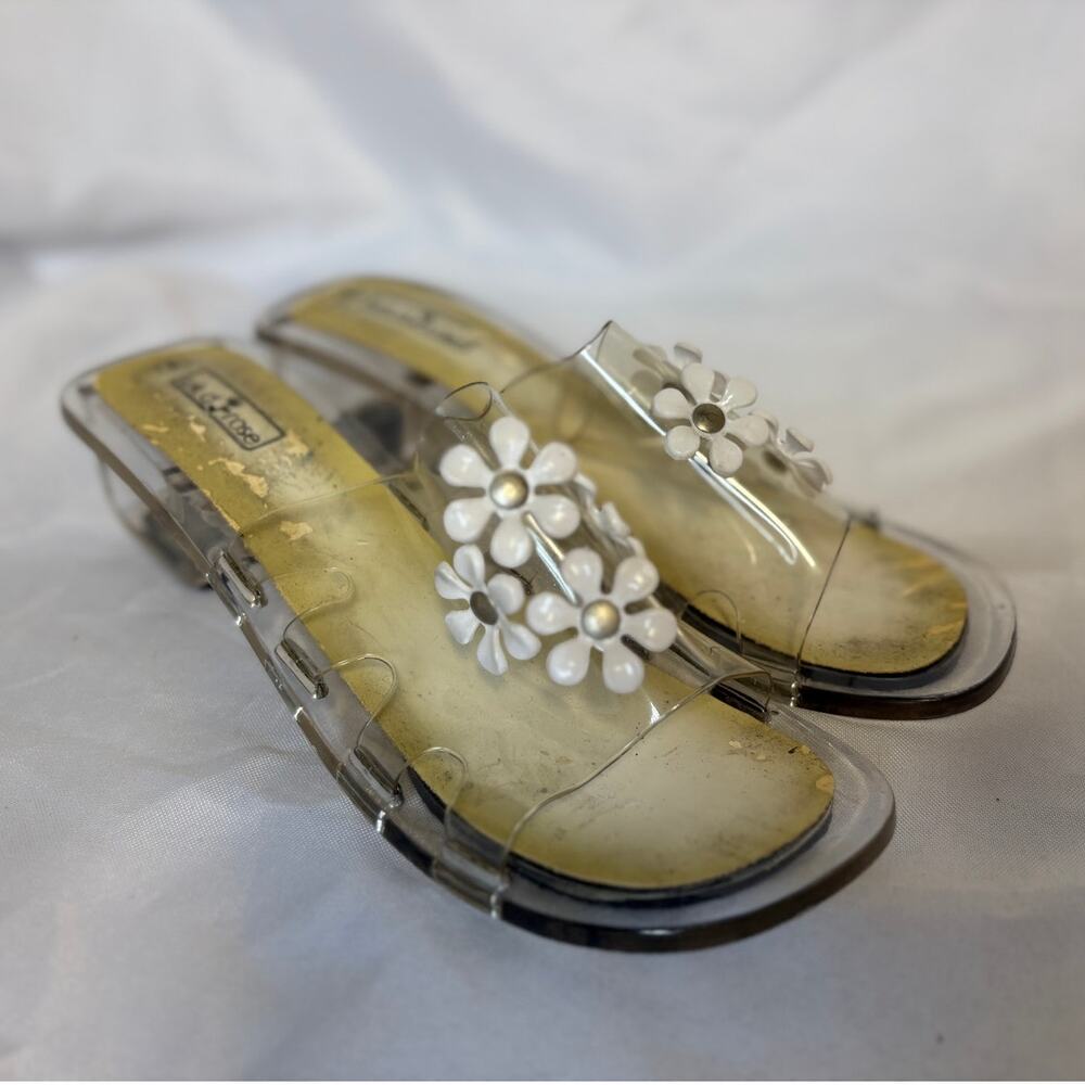 Vintage Y2K Wild Rose Clear Lucite Daisy Flower Sandals Heels